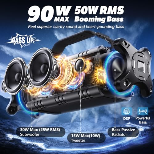 W-KING Bluetooth Speaker, 90W Max Loud IPX6 Waterproof Portable Speaker, 50W Deep Bass/Subwoofer *2/40H/EQ/TF/AUX, 105dB Large Boombox Outdoor Speakers Bluetooth Wireless for Party/Camping/Jobsite - color: ALL-BLACK