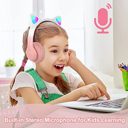 Kids Wireless Bluetooth Headphones with Microphone for School/Travel/Tablet | Cat Ear Headphones; Over Ear Headphones - color: New Pink