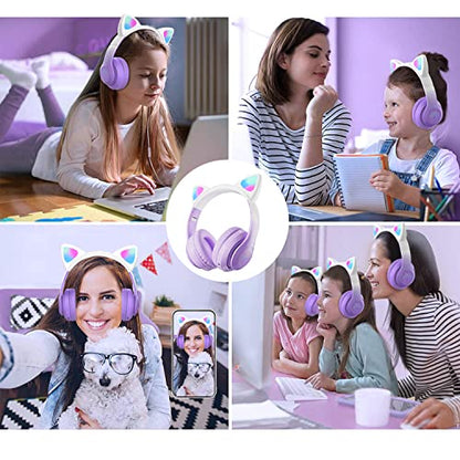Kids Bluetooth Wireless Over-Ear Cat Ear Headphones with Microphone for Kids Teens Adults (Pro-Purple) | Cat Ear Headphones for Girls/Teenagers/Adults - color: New Purple