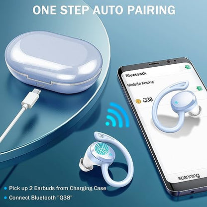 Wireless Earbuds Sport, 2025 Bluetooth 5.3 Headphones Bass Hi-Fi Stereo Over Ear Buds, 48Hrs Noise Cancelling Headset with Earhook, IP7 Waterproof Earphones Workout Running for Laptop Pad Android iOS - color: L-Blue
