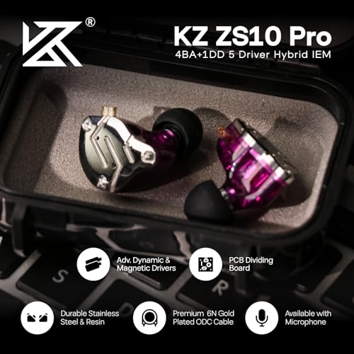 Linsoul KZ ZS10 Pro, 4BA+1DD 5 Driver in Ear Monitor, HiFi Wired Earbuds, Gaming Earbuds, Hybrid IEM Earphones with Stainless Steel Faceplate, Detachable Cable for Musician (with Mic, Purple) - color: Purple, style: With Mic