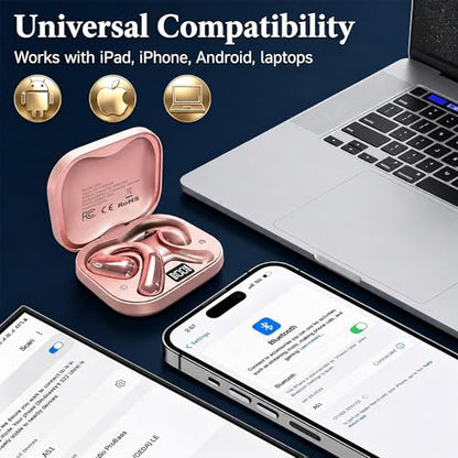 Open Ear Headphones, Wireless Headphones with Smart Digital Display & Mic | (Rose Gold) Open Ear Earbuds 35H Playtime, Sweat Resistant & Waterproof, Secure Comfortable Fit - Running, Sport, Driving - color: Rose Gold