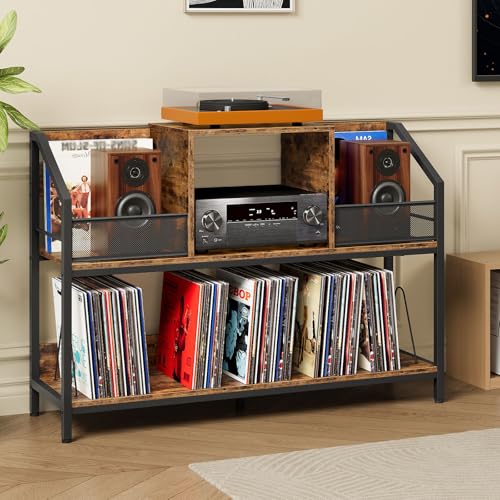 43" Vinyl Record Storage Holder, Large Record Player Table, Holds up to 400 Albums, Vinyl Record Player Display Stand, Removable Dividers, for CD, Audio Equipment Storage, Rustic Brown TCW77BF