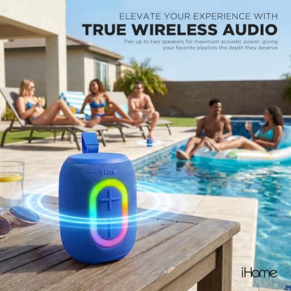 iHome Quest Wireless Portable Bluetooth Speaker with RGB Light | Water-Resistant, Built-In Carry Strap, TWS Pairing, Rechargeable Battery, USB-C Cable Included, True Stereo, Bluetooth 5.3 - color: Blue