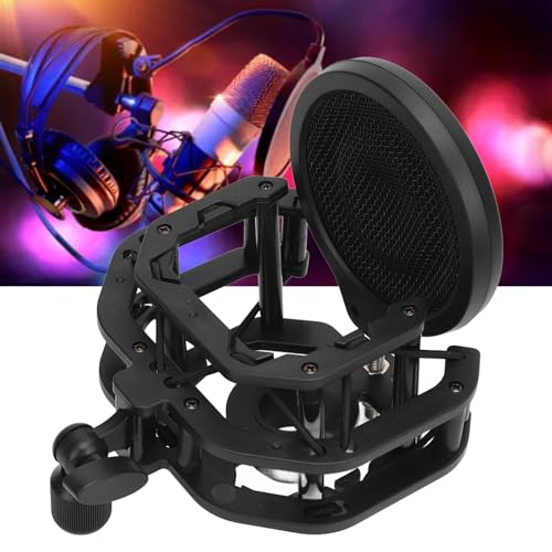 Adjustable Microphone Shock Mount Filter with Dual - Layer Aluminum Alloy Pop Filter, 24mm Inner Diameter, Compatible with U87 and Other 21.5–25.5mm Condenser Mics for Stud