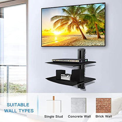 Suptek Glass Floating Shelves, TV Wall Mount with Shelf for DVD Player / PS4 / Cable Boxes/Game Consoles/Sky Box/TV Accessories, Flat Black 2-Tier Wall Mount Bracket - color: Black 2 Tier