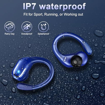 Ltinist Wireless Earbuds, 75hrs Bluetooth 5.4 Headphone Sport, Bluetooth Earbuds Deep Bass Over Ear Buds with Earhooks, ENC Noise Cancelling Earphone Mic, IP7 Waterproof for Workout/Running/Gym Blue - color: Dark blue
