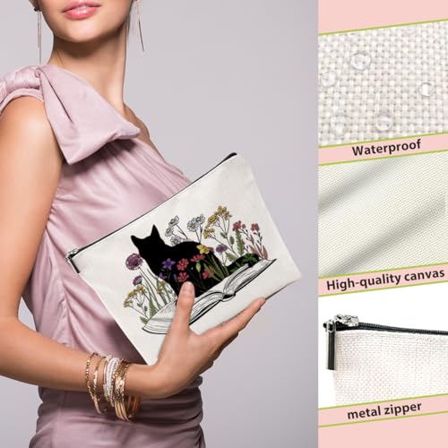 Cat Gifts for Women Cosmetic Bag Book Lovers Gifts Cat Makeup Bag | Gifts for Women Cat Owner, Cat Mom Gifts Floral Cosmetic Bag, Book Gifts Toiletry Bag Christmas Thanksgiving Birthday Gifts - color: Book Flower Cat