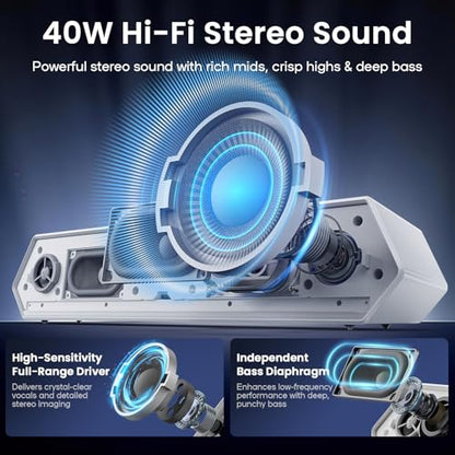 Deeyaple Computer Speakers, 40W PC Speakers for Desktop Monitor with Bluetooth 5.3 & USB Audio, HiFi Stereo Gaming Soundbar with Custom EQ Software, Dynamic RGB Lighting for Laptop, PS4, PS5, White.