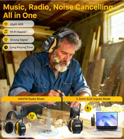 Digital AM FM Radio Headphones, Hearing Protection Earmuff for Adult, 30dB SNR for Mowing, Construction, Chainsaw - color: Yellow