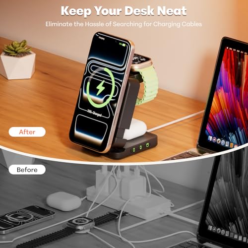 Wireless Charger 3 in 1, Foldable Charging Station for Apple Samsung Multi Devices Charging, Magnetic Charging Stand, Portable Travel Fast 15W Charger Station for iPhone, TWS, iWatch (Black) - color: Black