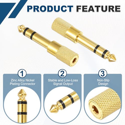 MECCANIXITY 6Pcs TRS6.35mm Male to 3.5mm Female 1/4" Plug to 1/8" Jack Gold | Stereo Headphone Adapter, Audio Converter, Nickel Plated, for Guitars Speakers Computers Signal Conversion