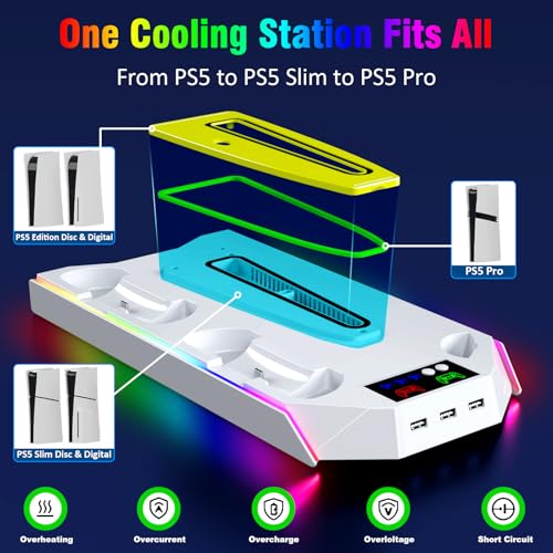 PS5 Stand and Cooling Station with LED Controller Charging Station for PlayStation 5/Slim/Pro Console,Accessories Incl.Controller Charger,PS5 Cooling Fan,Headset Holder,3 USB Hubs - color: RGB-White
