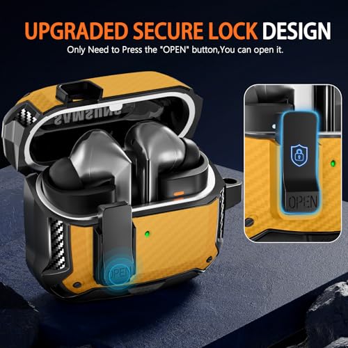 Safety Lock Case for Samsung Galaxy Buds3 FE/3/3 Pro (Yellow) | with Phone Stand,with Secure Lock Clip & Cleaning kit Full Body Shockproof Carbon Fiber Protection Design - color: C-yellow