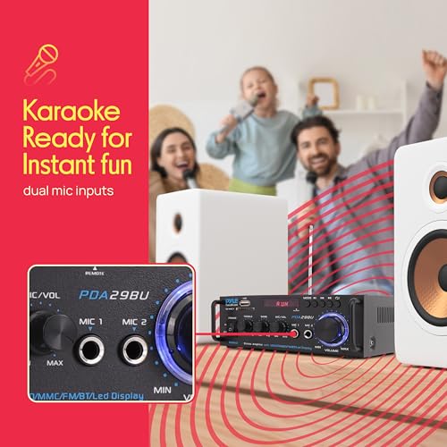 Pyle 200W Bluetooth Compact Power Amplifier - Wireless 2 Channel Audio Receiver with Dual Karaoke Mic Input - RCA - USB-A + SD Card MP3 Player - FM Radio - AUX In - Remote Control - PDA29BU