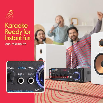 Pyle 200W Bluetooth Compact Power Amplifier - Wireless 2 Channel Audio Receiver with Dual Karaoke Mic Input - RCA - USB-A + SD Card MP3 Player - FM Radio - AUX In - Remote Control - PDA29BU
