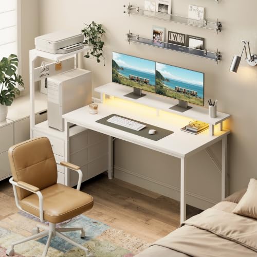AODK Gaming Computer Desk w/PC Showcase Stand, 59" Reversible, RGB LED - color: White, size: 59 Inches