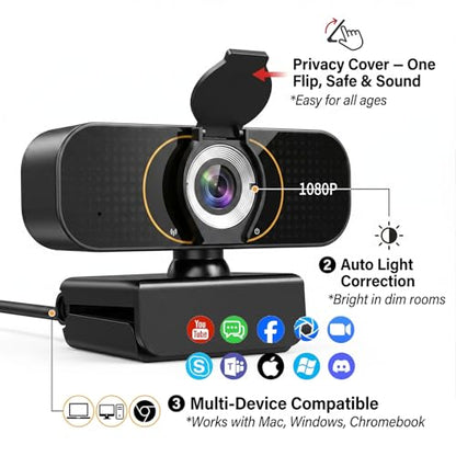 the Webcam for PC that Just Works - Every Time All Platforms | Plug and Play No Driver Needed, Crystal Clear 1080p Full HD, Your Privacy Physically Protected, Mount It Anywhere in Seconds - color: Black with Tripod