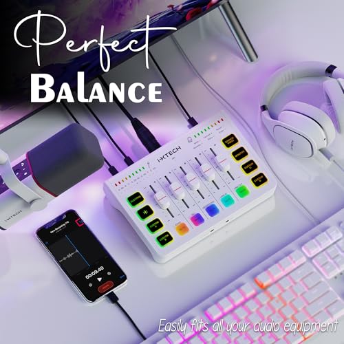 IXTECH Gaming Audio Mixer 4 Channel Soundboard, Streaming RGB PC Audio Interface with XLR Microphone Support, Audio Equalizer for Gaming Podcast Streaming Karaoke, Individual Volume Controls (White)