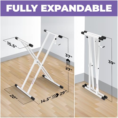 Liquid Stands White Piano Keyboard Stand X Style For Musicians | Fits 54-88 Key Electric Pianos, Adjustable Double Braced Foldable Frame, Heavy Duty Portable Music Table for Kids & Adults - color: White X-Style