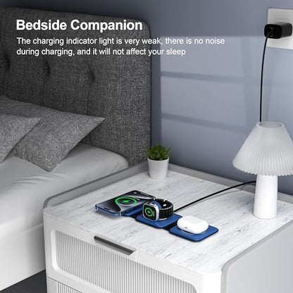 3 in 1 Charging Station for Multple Devices,Foldable 3 in 1 Wireless Charger for Travel,Nano Wireless Charging Station for iPhone16 15 14 13 12 Pro Max/Watch 10 9 8 7 6 5 4 3 Ultra/AirPod Pro - color: Blue