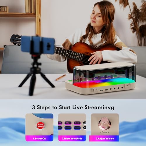 Portable Karaoke Machine with 2 Wireless Microphones, Bluetooth PA System Speaker with EQ Control, Vocal Removal, Noise Reduction, Reverb & Sound Effects, for Singing/Live Streaming/Gaming/Home Party - color: White