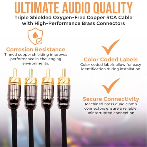 Elite Audio Pro Series | 15ft 4-Channel RCA Cable | OFC | Triple Shielded - color: 4-Channel, size: 15' (ft)