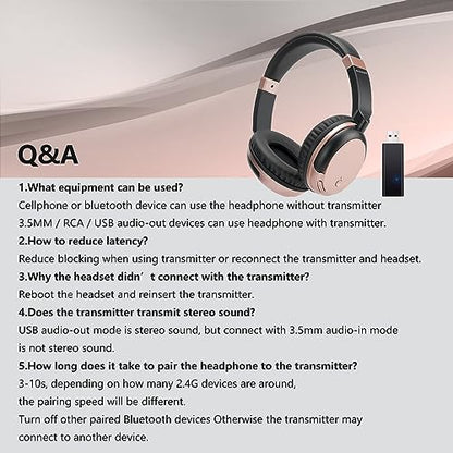 Wireless TV Headphones with Bluetooth USB Transmitter - Rose Gold | Low latency over-ear headset with clear mic & 3.5mm AUX. Connect to TV/PC via USB transmitter or directly to phone. - color: Rose Gold