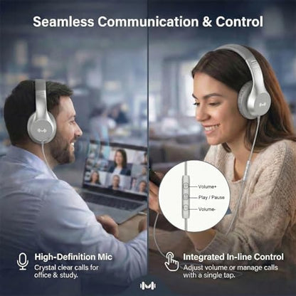 Wired Over-Ear Headphones, Mic, 3.5mm Jack, USB-C Adapter, Silver | Foldable over-ear headphones with soft cushions, inline mic, 3.5mm jack, and USB-C adapter for school, office, and travel. - color: Silver