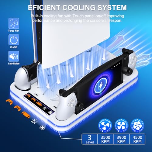 FYOUNG All in One Cooling Stand & Charger Station for PS5/Slim/Pro Console and Controller Charing Dock, Charging Stand for PlayStation Portal, Headset and Remote Holder with RGB Light Stand (White) - color: White