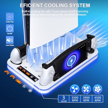 FYOUNG All in One Cooling Stand & Charger Station for PS5/Slim/Pro Console and Controller Charing Dock, Charging Stand for PlayStation Portal, Headset and Remote Holder with RGB Light Stand (White) - color: White