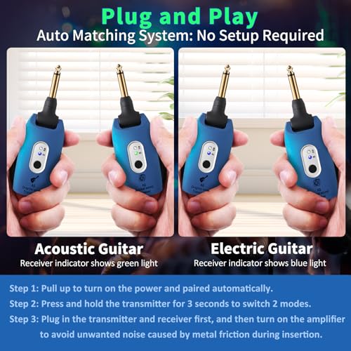 A9 Wireless Guitar Transmitter Receiver 2.4GHz (Blue(1TX+1RX)) | Guitar Accessories Transmitter Receiver, 100ft Range, Low Latency, 4-Hour Rechargeable Battery, for Electric Bass - color: Blue
