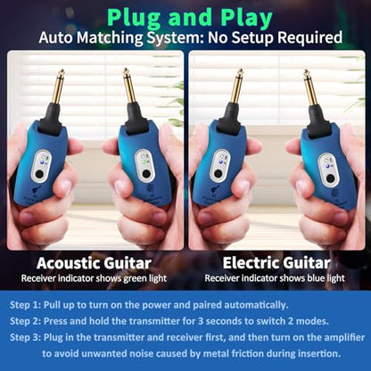 A9 Wireless Guitar Transmitter Receiver 2.4GHz (Blue(1TX+1RX)) | Guitar Accessories Transmitter Receiver, 100ft Range, Low Latency, 4-Hour Rechargeable Battery, for Electric Bass - color: Blue