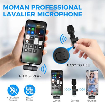 Moman Wireless Lavalier Microphone for iPhone, Clip on Microphone for Video Recording Interview Podcast Vlog YouTube, Wireless-lavalier-Mic-iPhone-Recording