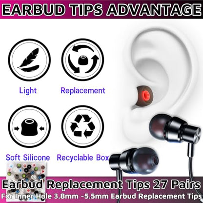 Earbud Replacement Tips 54Pcs S+M+L，Ear Bud Rubber Tips Silicone Earbud Tips Earbud Covers Silicone Tips Headphone Covers for Ears Headphone Ear Covers Replacement (Inner Hole 3.8mm -5.1mm)