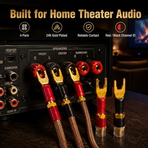 Spade to Banana Adapter, 24K Gold 4-Pack | Y Terminal Speaker Wire Connector for Amplifier & Receiver