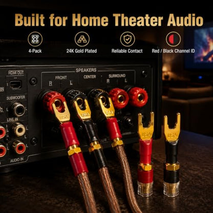 Spade to Banana Adapter, 24K Gold 4-Pack | Y Terminal Speaker Wire Connector for Amplifier & Receiver