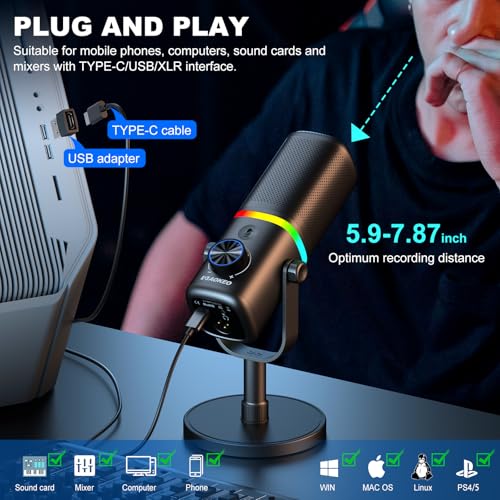 Microphone for PC, AK-10 USB/XLR Dynamic Desktop Microphone for Gaming,Podcast,Streaming with RGB Light,Volume Control,Mute Button,Noise Reduction - color: Black