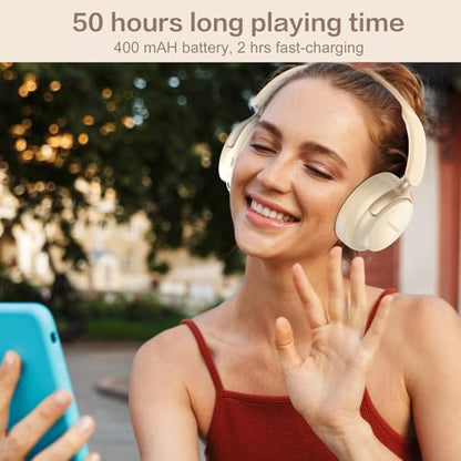B8 Bluetooth Headphones Over Ear, 6 EQ Music Modes and 50H Playtime Deep Bass Wireless Headphones with Mic, Lightweight Folding HiFi Stereo Headset for iPad/Travel/Tablet/PC/Home Beige White - color: Beige White