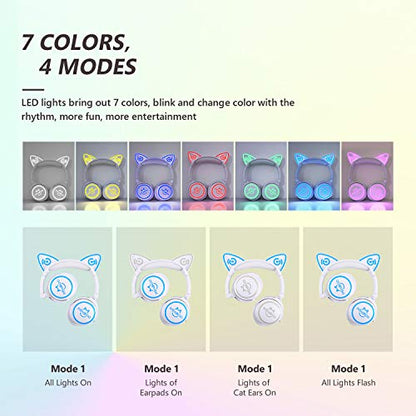 Bluetooth Cat Ear Headphones with LED Lights for Kids & Adults