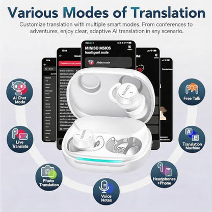 MINISO MS217 Real-Time AI Translation Earbuds, 165 Language Translator Earbuds, Invisible Sleep Headphones Mini Noise Blocking Sleep Earphones, Small Design Mini Sleep, Sleep Earbuds for Side Sleepers - color: White