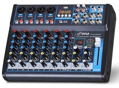 Pyle 8 Channel DJ Audio Mixer, Bluetooth, DSP FX, USB, Audio Interface