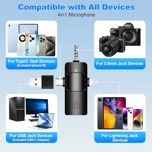 Weton 4 in 1 Wireless Lavalier Microphones for iPhone, Android, Camera, Laptop, USB-C, Mini Microphone, Noise Canceling Lapel Mic - Clip on Mic for Interview Video Recording Podcast Vlog YouTube