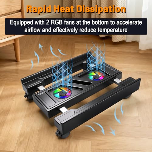 Mobile CPU Stand Adjustable Computer Tower Stand Fits Most PC | CPU Holder with Cooling Fan and 4 Caster Wheels , Adjustable Width Under Desk PC Floor Stand for Office, Home and Classroom