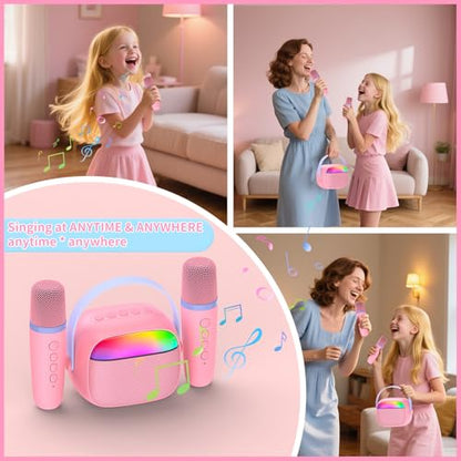 Mini Karaoke Machine with 2 Wireless Microphones for Kids Portable RGB Bluetooth Speaker Birthday Gift Toys for 3 4 5 6 7 8+ Year Old Girls Boys - color: Pink