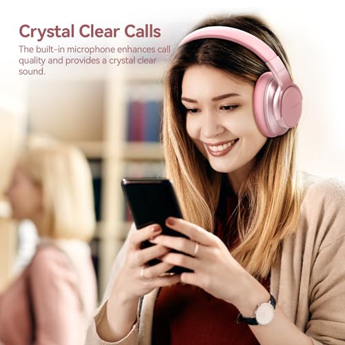 AUSDOM E7 Bluetooth Active Noise Cancelling Headphones, Wireless Over Ear ANC with Microphone, Hi-Fi Stereo Sound, 50H Playtime, Comfortable Earpads for Travel Work TV Phones, Rose Gold