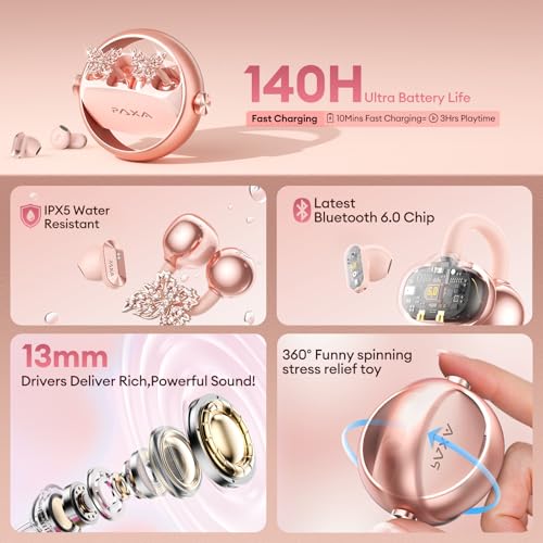 PAXA 3 in 1 Ctbuds Stylish Jewelry-Style Clip on Open Ear Headphones Wireless Earbuds, Instant Earring Mode, Ultra-Long 140H Play, Bluetooth 6.0, All-Day Wear for Work Fitness Daily Use, Rose Gold - color: H-Rose Gold-Gold Butterfly Earring