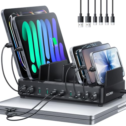 Rocoren 400W 10‑Port Charging Station,Dual PD 100W Dock w/ 6 Cables | Multi‑Device Fast Charging Organizer Dock,Works for MacBook,iPad,iPhone,Cell Phone,Tablet and Other Electronic Devices