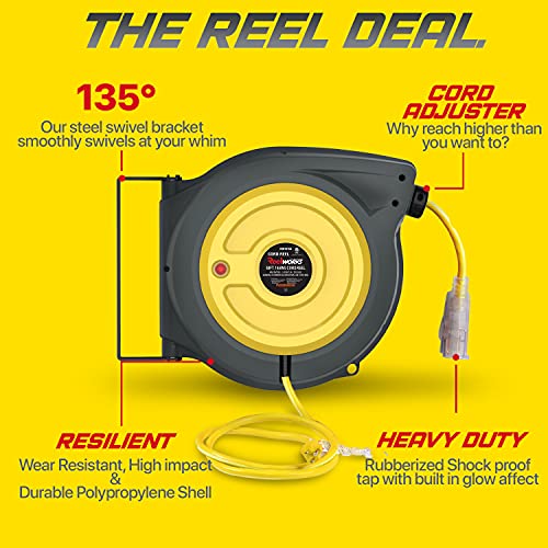 ReelWorks Extension Cord Reel Retractable 14AWG x 50' Foot 3C/SJTOW Glow Strip Cable Triple Tap Connector Advanced Slow Retraction Technology (SRT)
