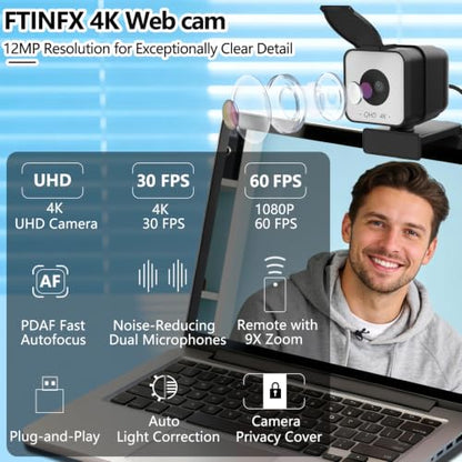 4K USB Webcam with Dual Microphones, 9X Hybrid Zoom | Auto Light Correction, 86° Wide Angle for Video Conferencing, Live Streaming, Remote Work, Compatible with PC Desktop Laptop